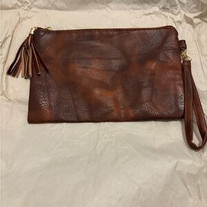 Classic Brown Leather Wristlet Clutch with Tassel